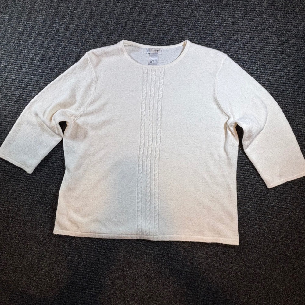 Kim Rogers Signature Cream White Cable Knit Crew Neck Sweater PL 3/4 Sleeve‎